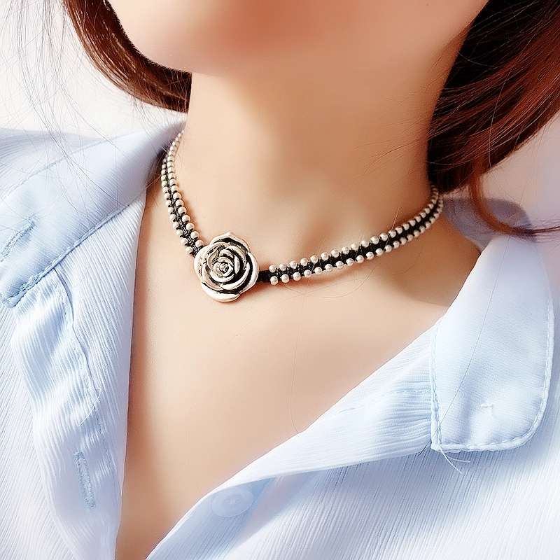Jingpuli Accessories, Korean Daemunmun Starry Sky Necklace, trendy Agate Silver Hidden Series, Money Soon Flower Chain pic 2