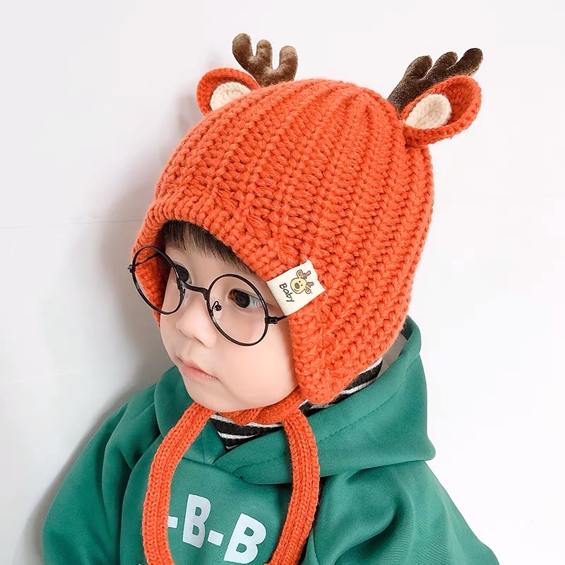 宝宝帽子秋冬季婴儿毛线帽可爱小鹿角护耳保暖男童女童针织帽儿童白底实物图