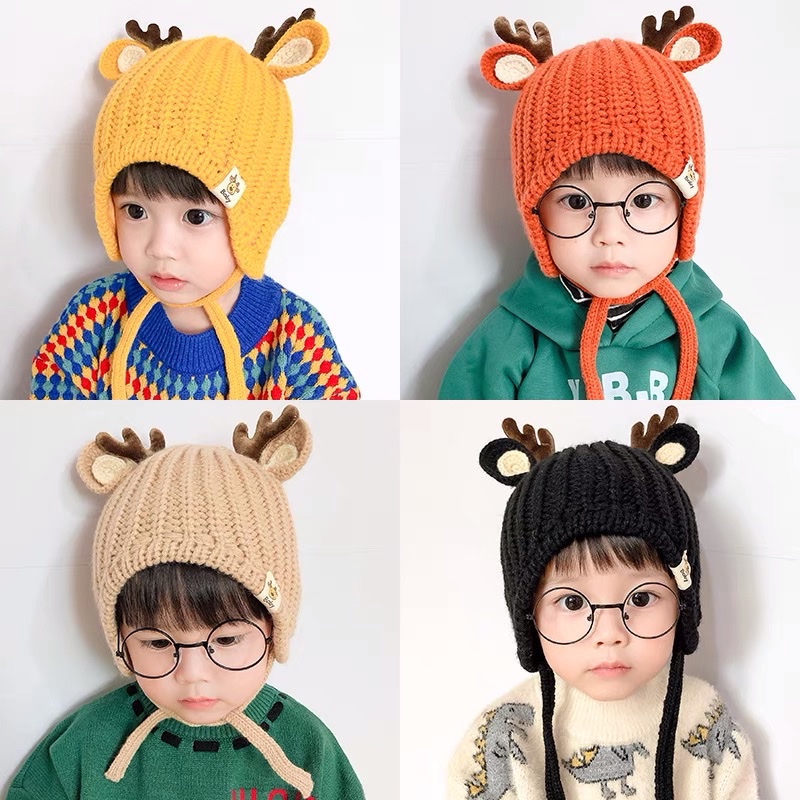 宝宝帽子秋冬季婴儿毛线帽可爱小鹿角护耳保暖男童女童针织帽儿童产品图