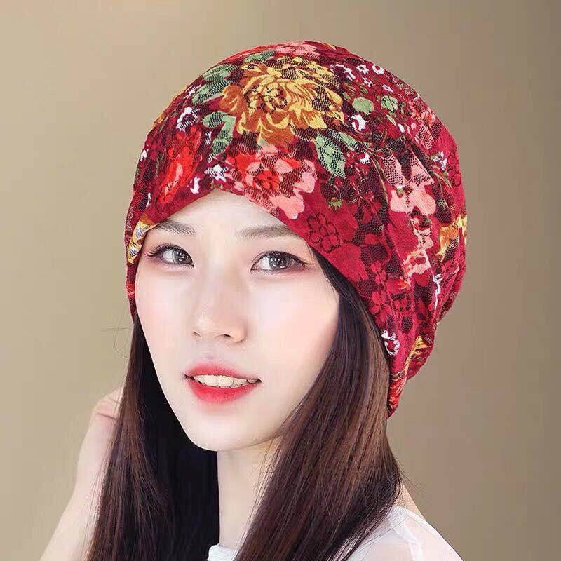 "Hat Girl Spring and Autumn Korean Lace Flower Headscarf Hat, fashionable, casual and versatile headscarf hat, bald hat, thin postpartum hat 015.