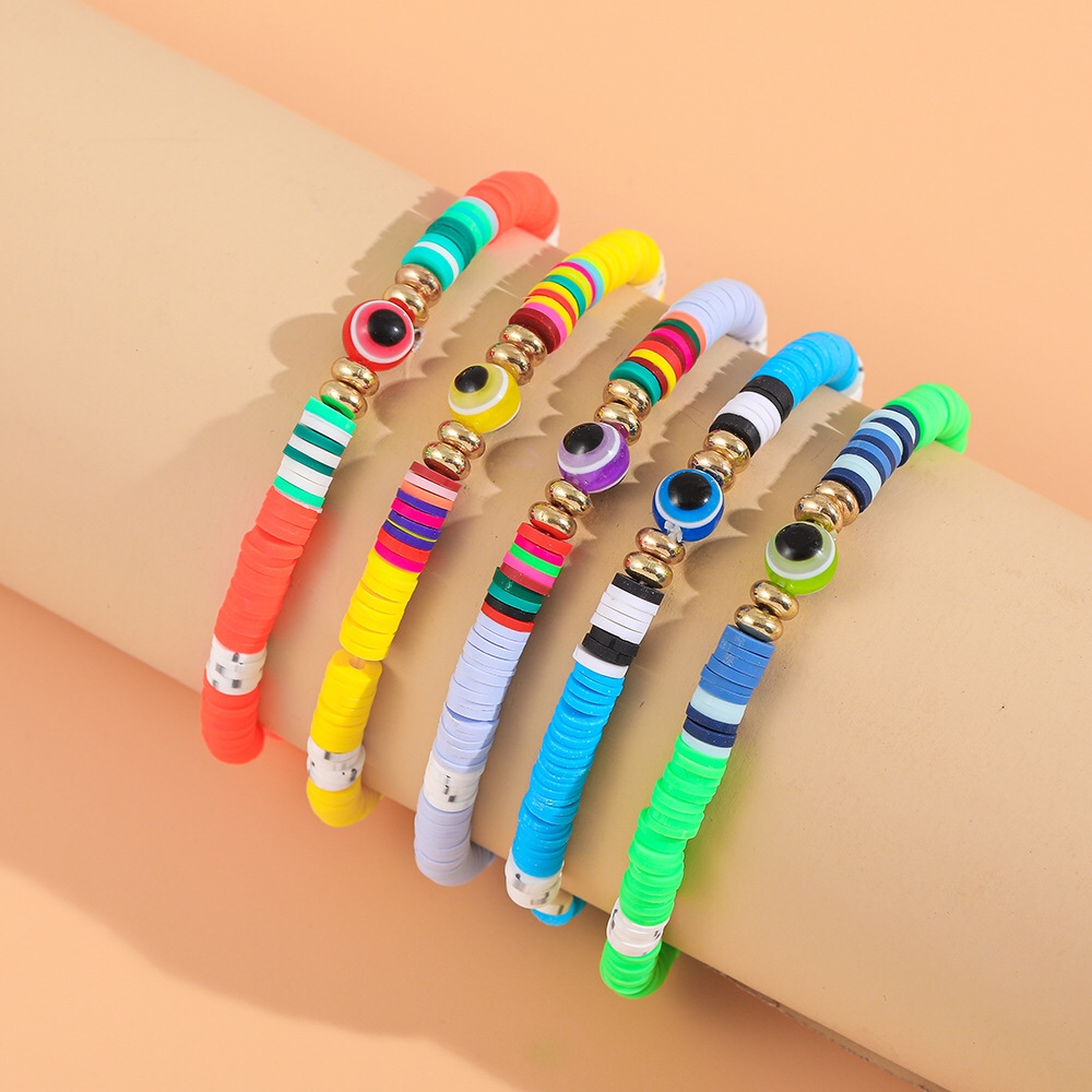 Source Accessories 2021 New Soft Ceramic Rainbow Devil Eye Bracelet Set, ins European and American beach-style jewelry details Picture