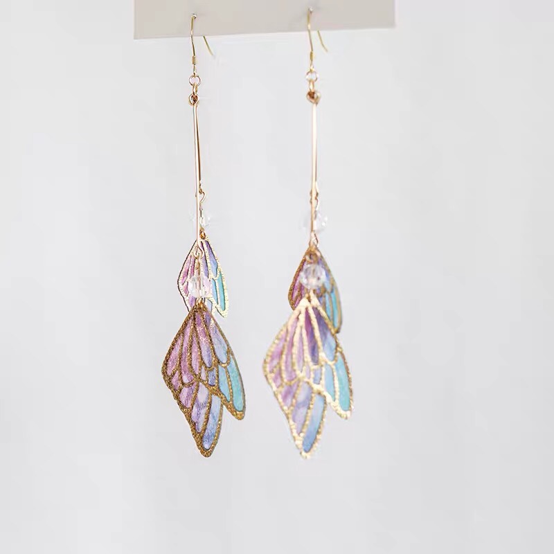 Original Gold frame hollow gradient color butterfly wings dream baby fairy earrings