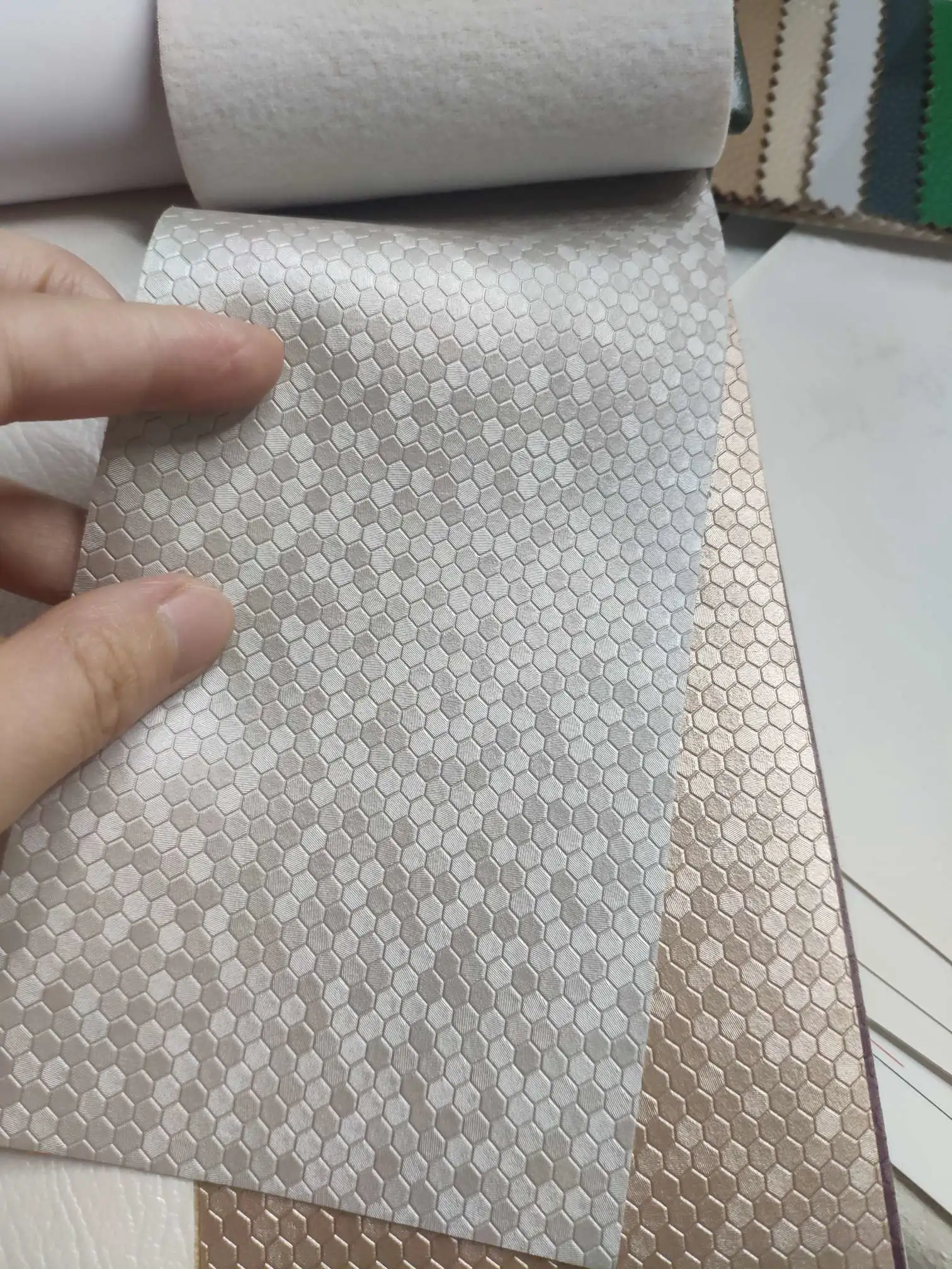 Artificial leather soft and hard wrapped sliding door leather wall decorative leather fabric in stock, small honeycomb pattern No. 1 detail image 4