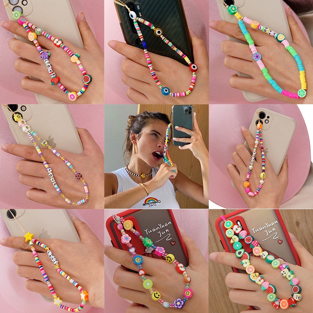 Personalized and fashionable ethnic style colorful soft clay mobile phone lanyard, LOVE letter beaded eye mobile phone chain, women's pendant accessory details Picture