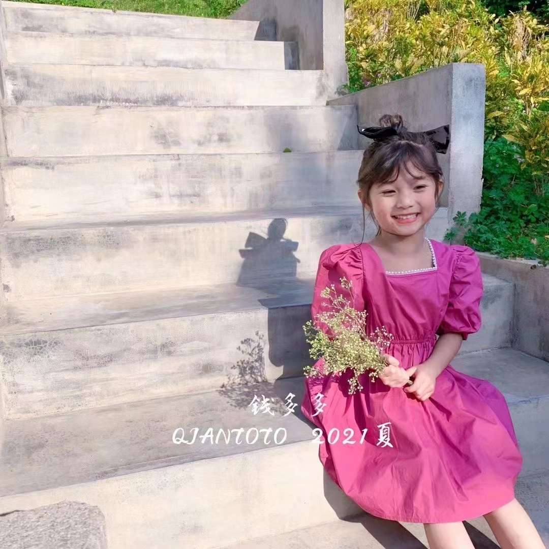 Summer new children's red square-neck princess dress, children's short-sleeved dress Specification image