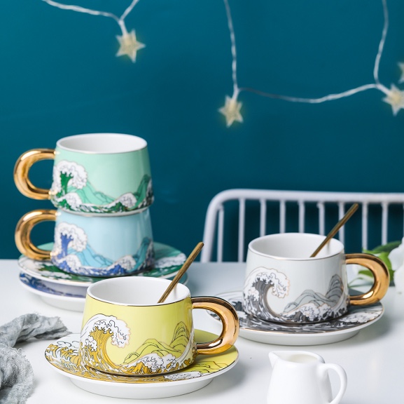 Trendy Home Office Use Coffee Cup Saucer Hot Drink Cup Ocean Leisure Style