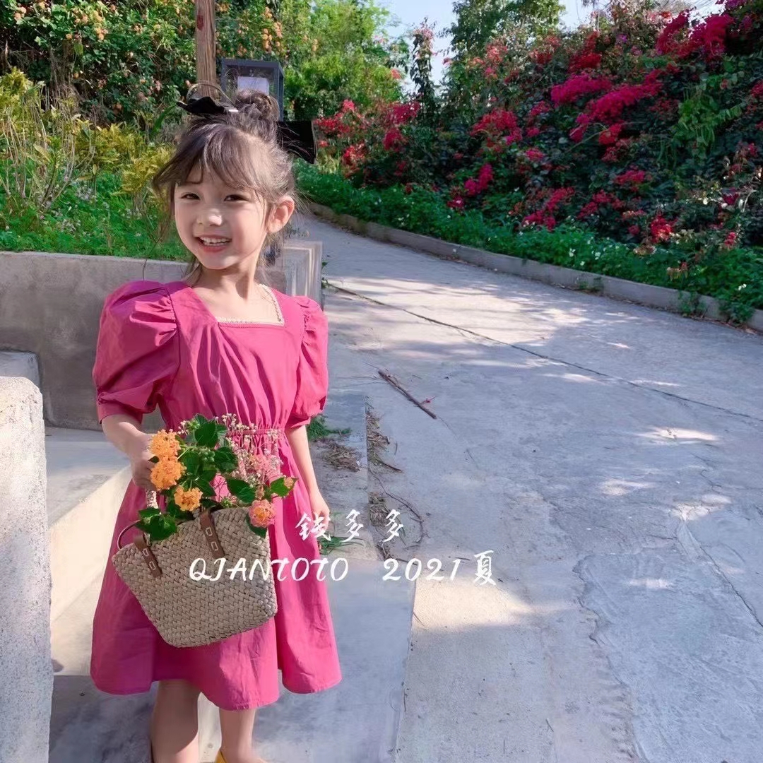 Summer new children's red square-neck princess dress, children's short-sleeved dress