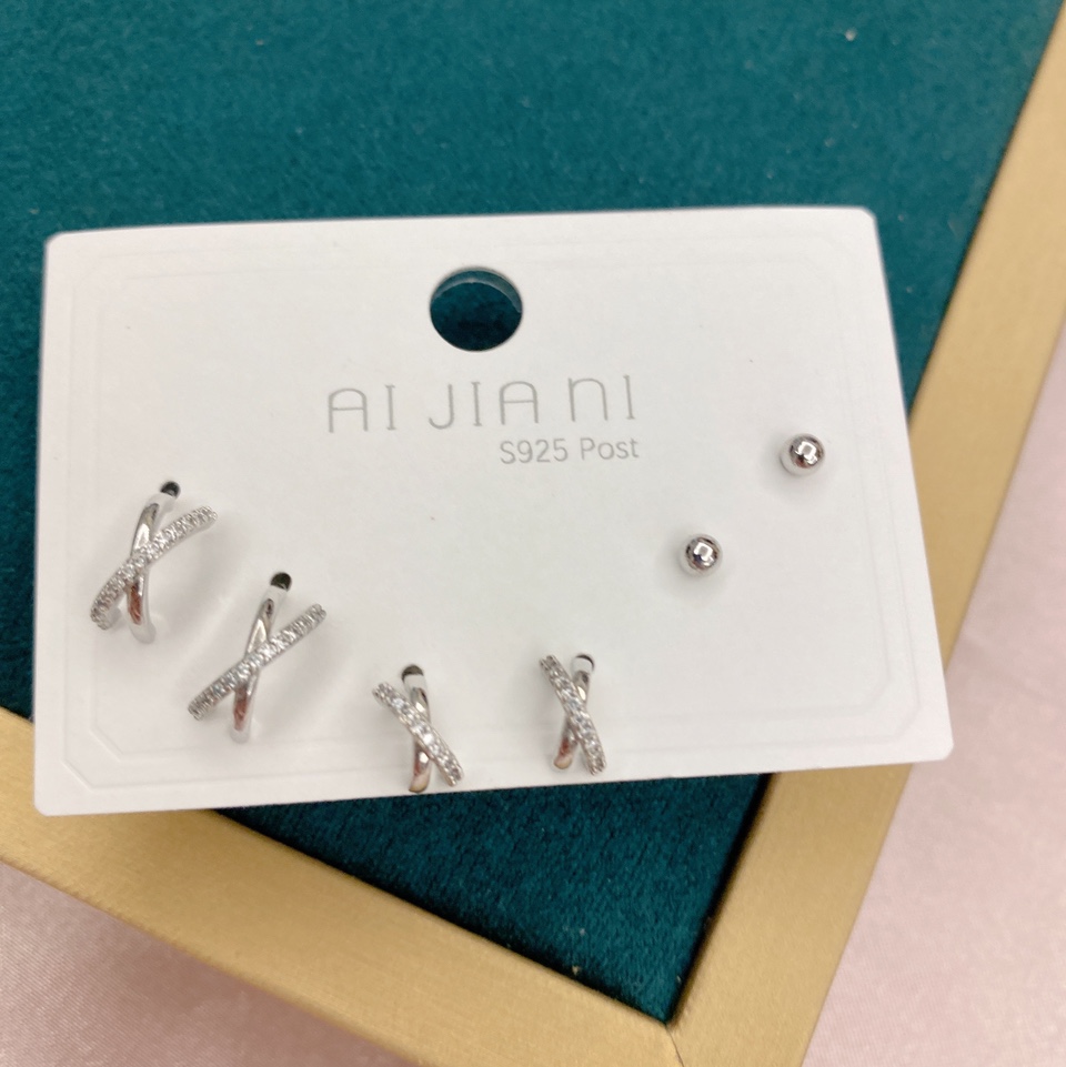 锆石三对装微镶白色耳钉 简约时尚高雅气质耳环