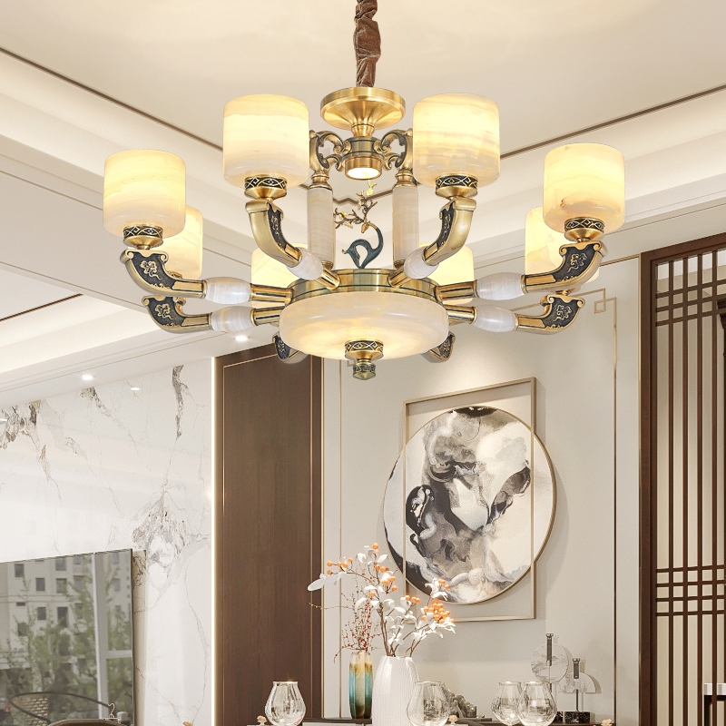 新中式全铜客厅餐厅玉石灯具中国风别墅复式楼大厅纯铜云石大吊灯