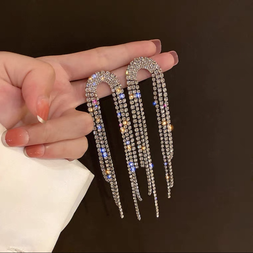 Earrings 593 Korean temperament personality long everything sexy fringe luxury retro European and American flash diamond earrings stud earrings drop ear clips full figure