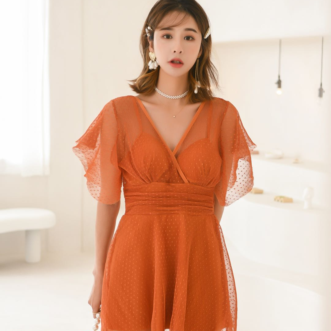 Swimsuit Female One-Piece Conservative Skirt Large Size Belly Cover Thin Bathing Hot Spring Fairy Fan Ins Wind Swimsuit 88019