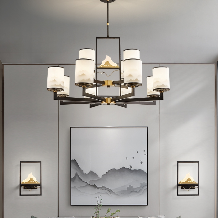 New Chinese-style living room lamps, modern and simple household, grand landscape and Zen-inspired chandeliers, Chinese-style villa all-copper lamps