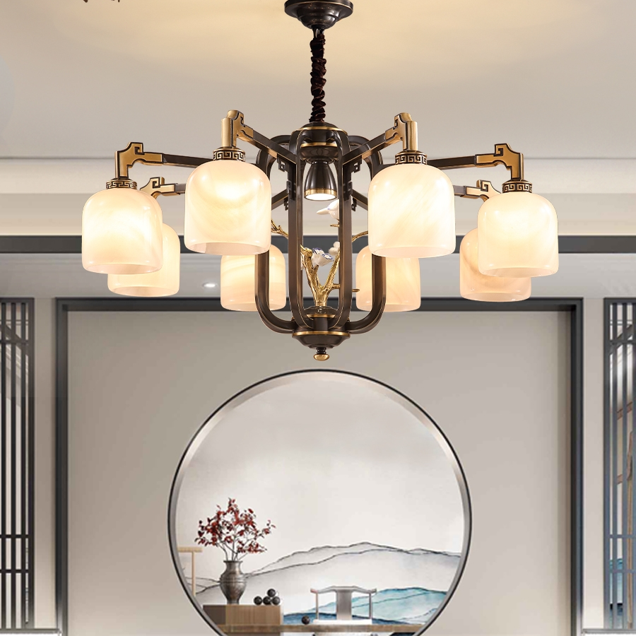 New Chinese-style chandelier, all-copper jade chandelier, living room lamp, Chinese-style villa, dining room, bedroom, retro lighting fixtures, 2021