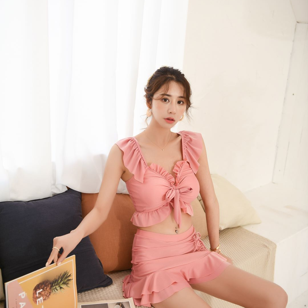 泳衣女连体保守裙式大码遮肚显瘦泡温泉仙女范ins风泳装88021