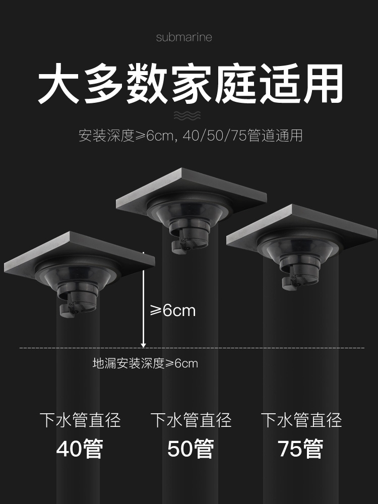 潜水艇枪灰色地漏全铜防臭长方形卫生间防臭器淋浴官方旗舰店纯铜细节图