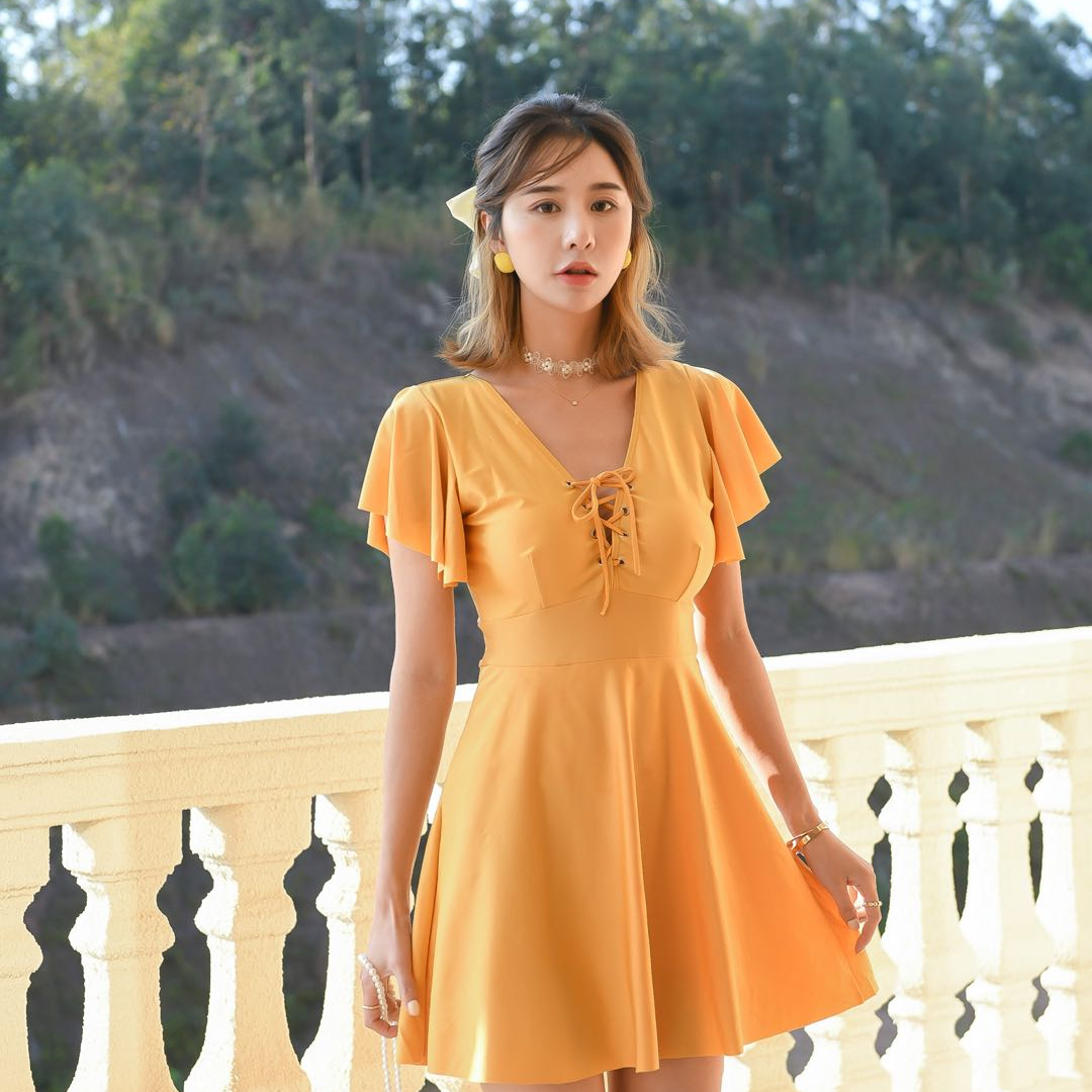 Swimsuit Female One-Piece Conservative Skirt Large Size Belly Cover Thin Bathing Hot Spring Fairy Fan Ins Wind Swimsuit 88011