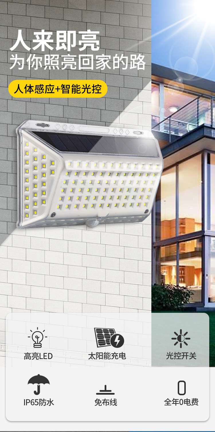 恩佐斯新款142LED太阳能壁灯 庭院四面发光人体感应户外照明路灯详情图3