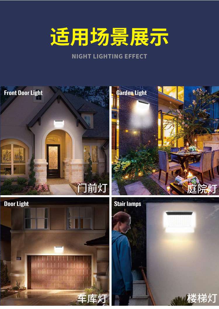 恩佐斯新款142LED太阳能壁灯 庭院四面发光人体感应户外照明路灯详情图1