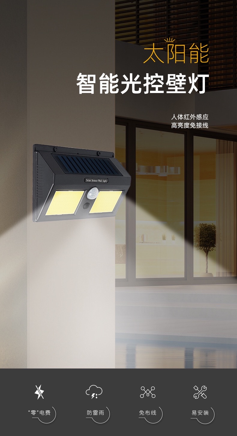 Cross-border LED solar wall lamps, human body sensor wall lamps, outdoor garden courtyard scenic area solar wall lamps, cob LED detail image 6