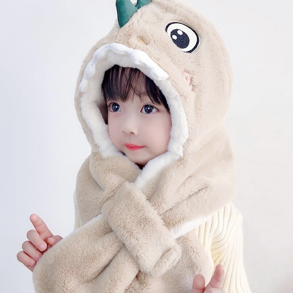 Children's hats, winter warm scarves, one-piece hats, baby fleece ear protectors, cartoon dinosaur windproof hats for boys and girls detail image 7