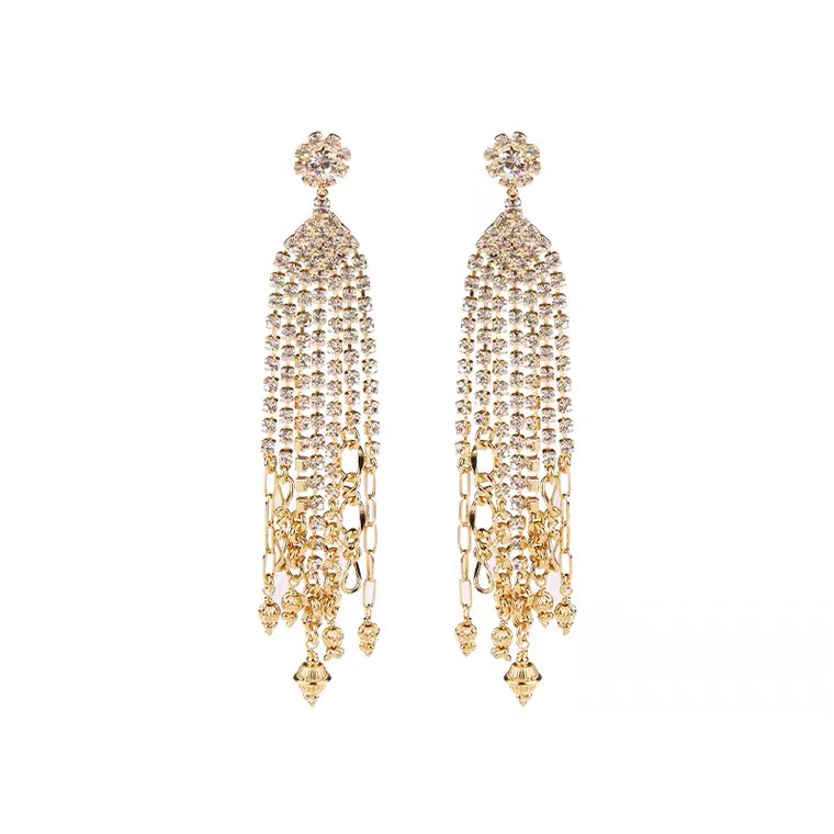 Earrings 1: Retro, unique, long, super sparkling Zircon, ethnic style, versatile, tassel, seven-color earrings, copper earrings, Yiwu zircon