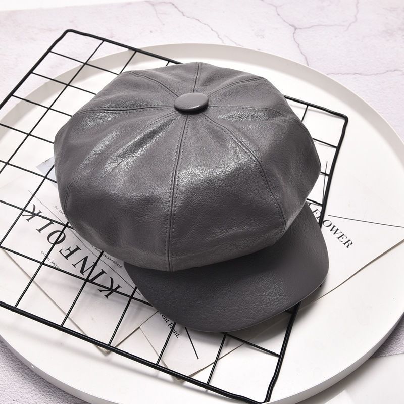 PU leather octagonal hat for children, British trendsetters in autumn and winter, Korean version, fashionable and versatile in spring and autumn, leather hat, duck tongue beret 05