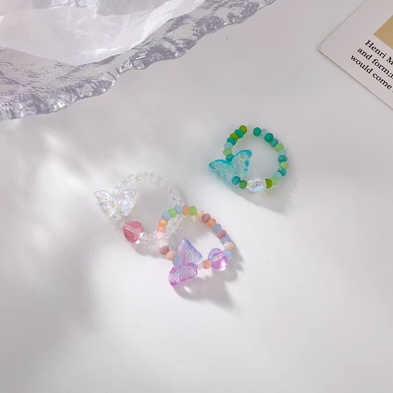 韩国复古手工串珠vintage蝴蝶手链彩色水晶蝴蝶爱心手作戒指