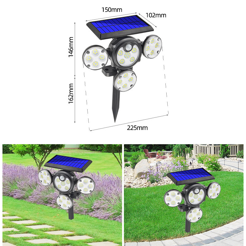 Cross-border new solar wall lamp, 4-head adjustable LED ground plug garden lamp with human body sensor, outdoor household small street lamp, lawn lamp Item Picture