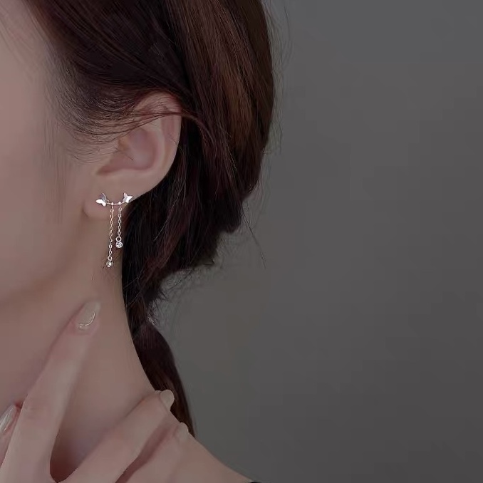 Glossy butterfly-shaped chain earrings with zirconium inlay, retro and unique, long super flash zircon, ethnic style, versatile, tassel, seven-color earrings, copper earrings, Yiwu zircon