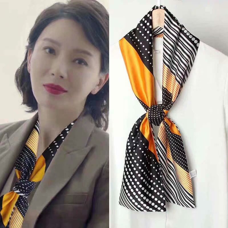 Spring And Autumn Long Small Silk Scarf Decoration With South Korea Narrow Streamer Spring Style Scarf Scarf Female Thin Dong Qing With Yellow Polka Dot Stripes