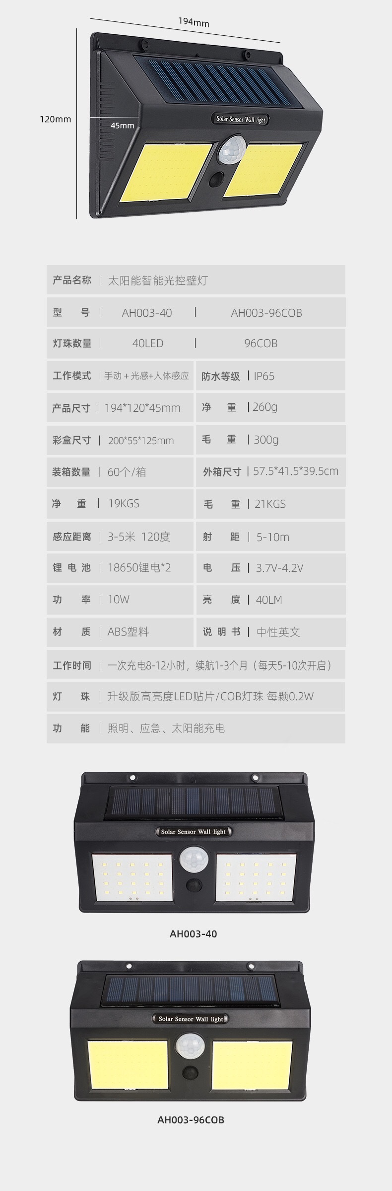 Cross-border LED solar wall lamps, human body sensor wall lamps, outdoor garden courtyard scenic area solar wall lamps, cob LED detail image 4