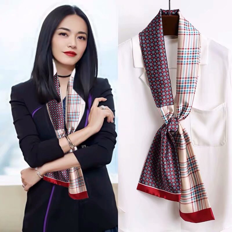 Spring And Autumn Long Small Silk Scarf Decoration With South Korea Thin Narrow Ribbon Spring Style Scarf Scarf Female Thin Thick And Thin Check Dark