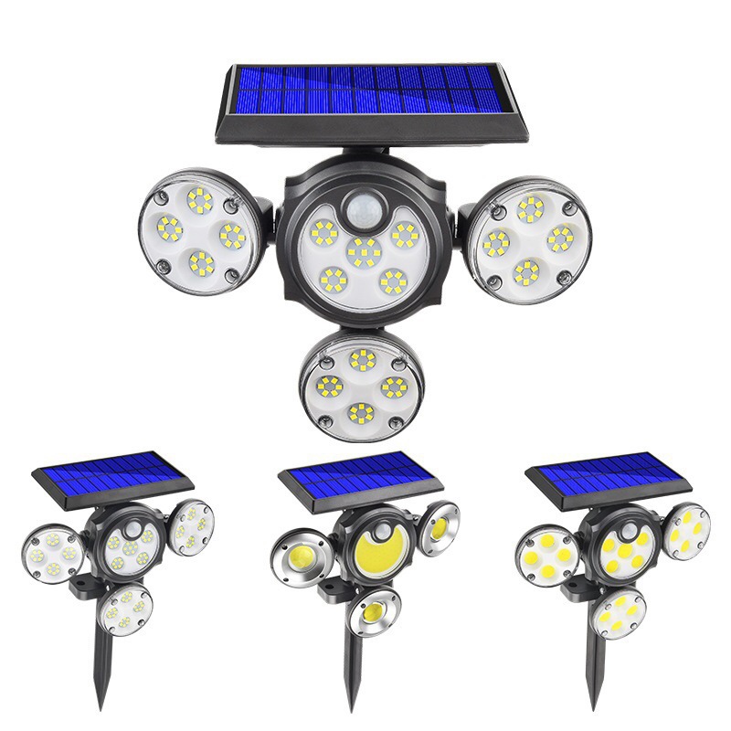 Cross-border new solar wall lamp, 4-head adjustable LED ground plug garden lamp with human body sensor, outdoor household small street lamp, lawn lamp