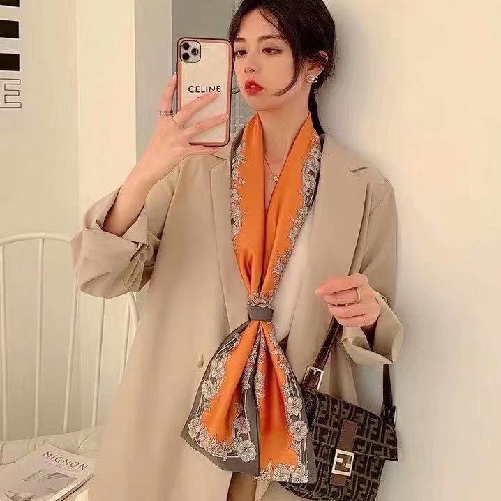 Spring And Autumn Long Small Silk Scarf Decoration With Korean Narrow Ribbon Spring Style Scarf Scarf Women Thin Orange Silk Scarf Edge Printing