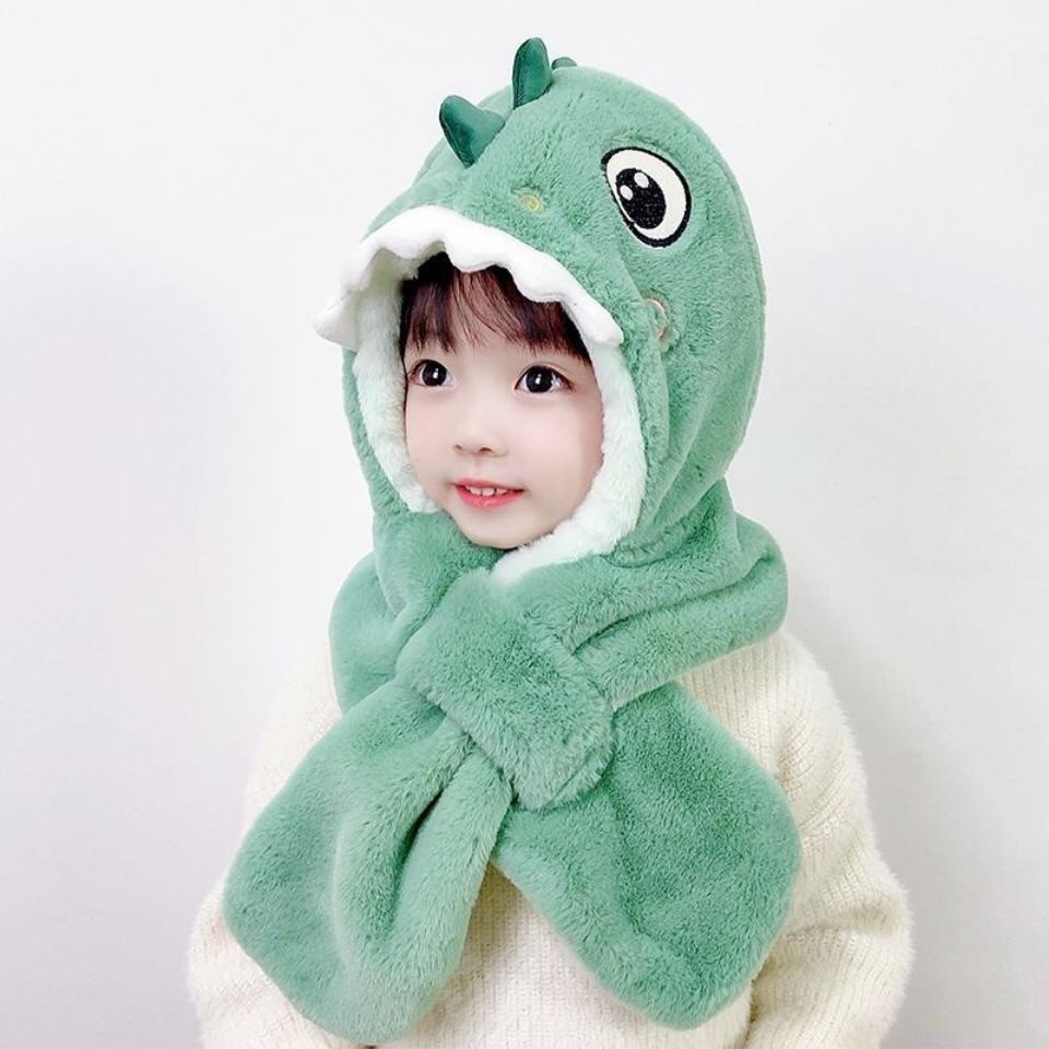 Children's hats, winter warm scarves, one-piece hats, baby fleece ear protectors, cartoon dinosaur windproof hats for boys and girls