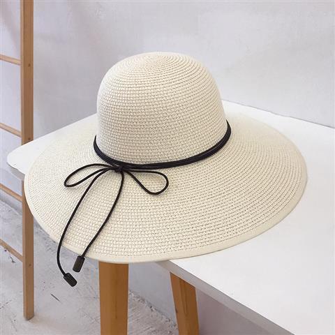 遮阳草帽女夏天出游海边休闲百搭大沿防晒可折叠沙滩优雅太阳帽女白色