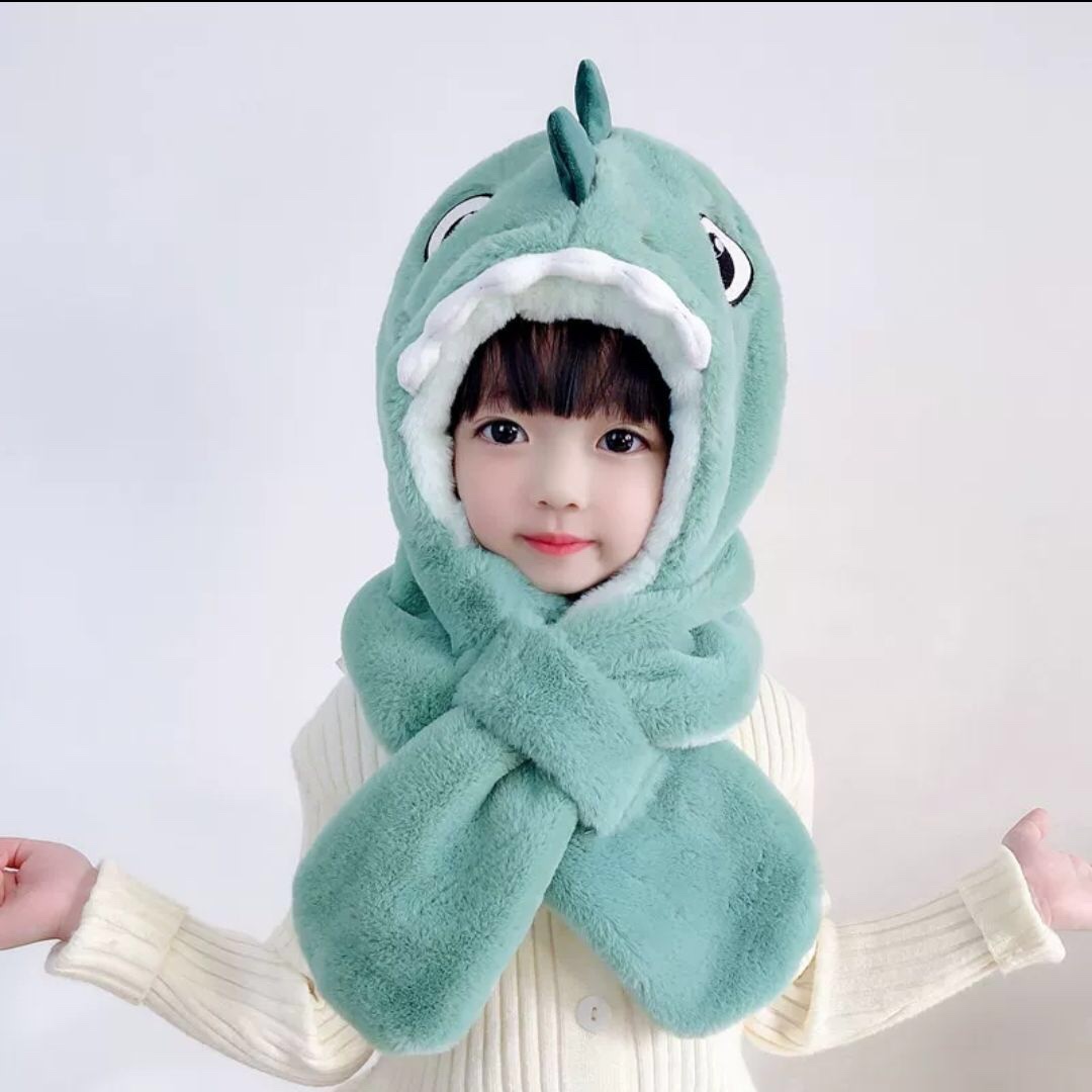 Children's hats, winter warm scarves, one-piece hats, baby fleece ear protectors, cartoon dinosaur windproof hats for boys and girls detail image 8