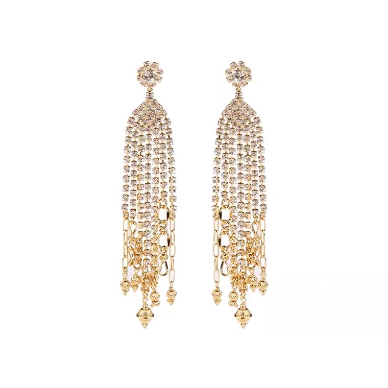 Earrings 1: Retro, unique, long, super sparkling Zircon, ethnic style, versatile, tassel, seven-color earrings, copper earrings, Yiwu zircon details Picture