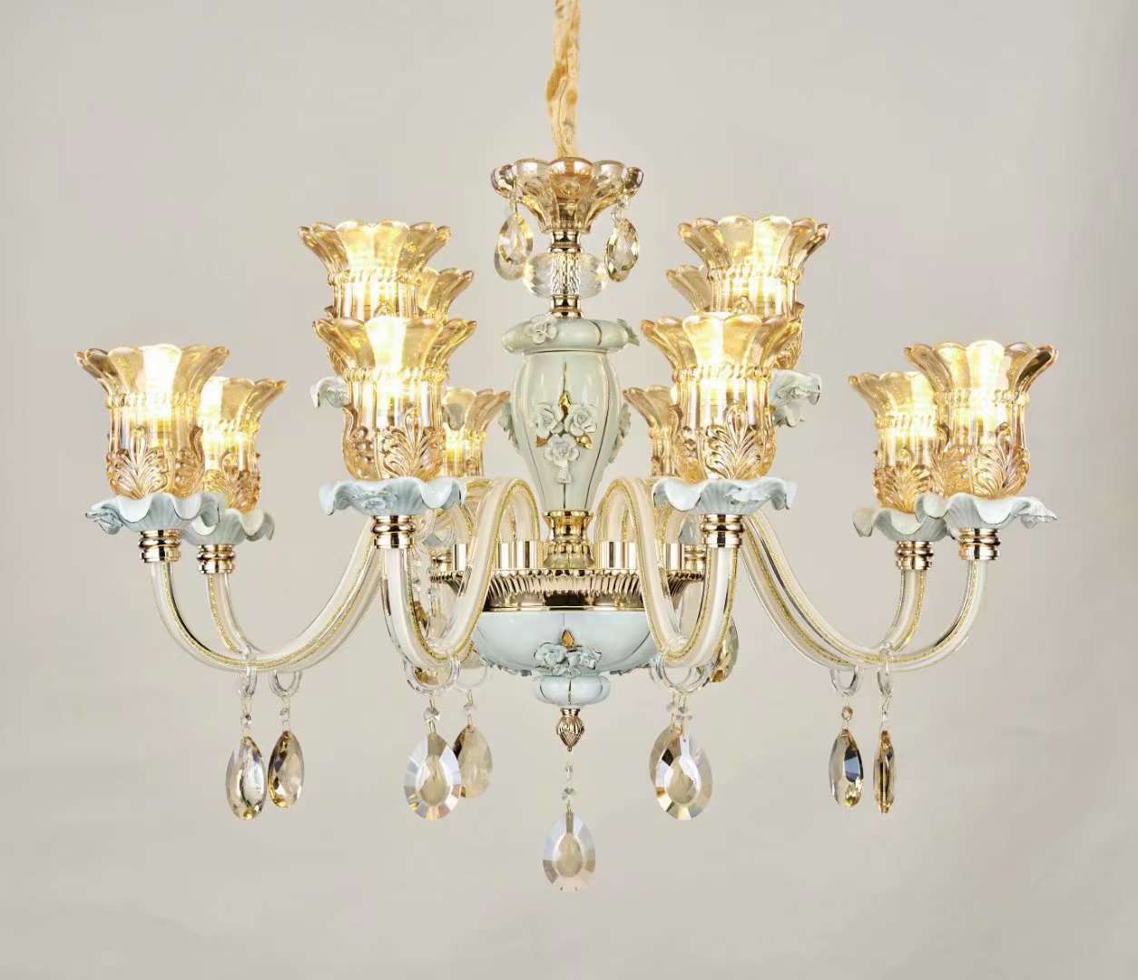 Crystal glass ceramic living room, dining room, duplex hotel, light luxury ceiling 8 heads Item Picture
