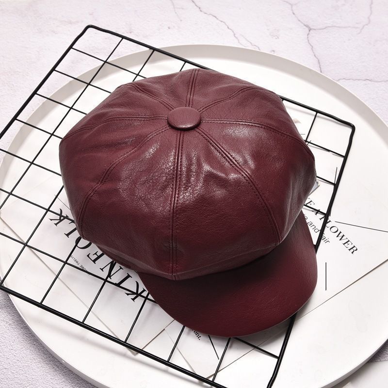 PU leather octagonal hat for children, British trendsetter in autumn and winter, Korean version, fashionable and versatile in spring and autumn, leather hat, duck tongue beret, 06