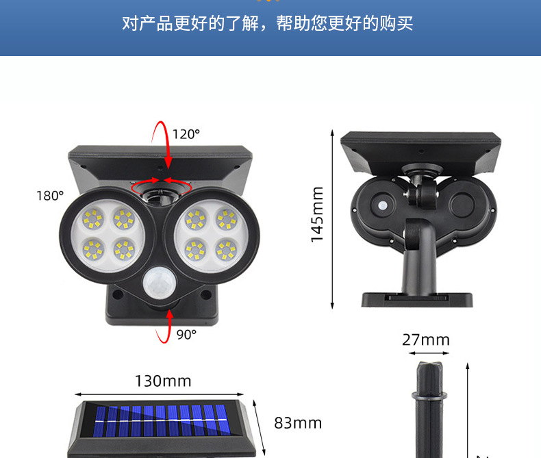 新款跨境太阳能壁挂地插两用灯  双头户外草坪灯 led庭院照明灯详情图6