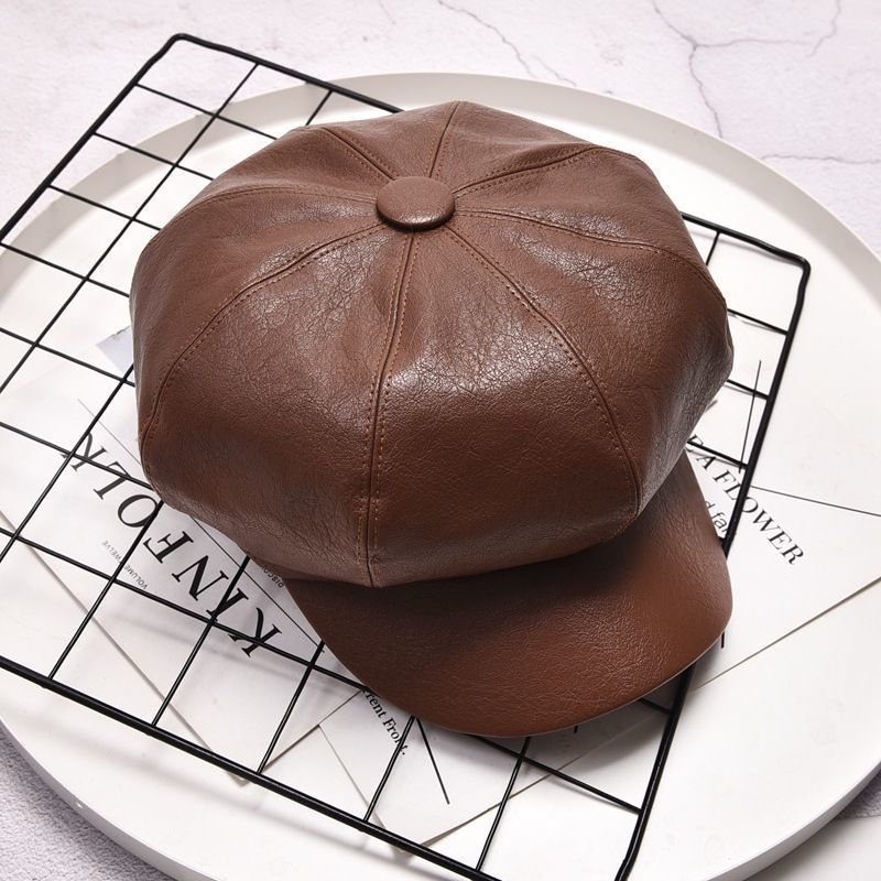 PU皮质八角帽子女秋冬季英伦潮人韩版春秋时尚百搭皮帽鸭舌贝雷帽04