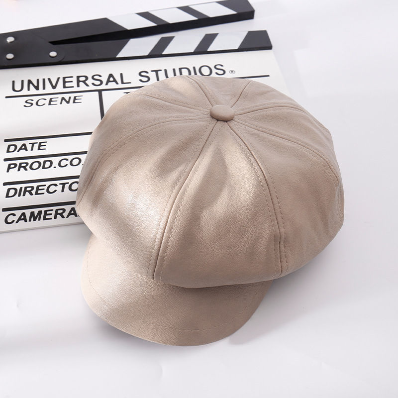 PU leather octagonal hat for children, British trendsetters in autumn and winter, Korean version, fashionable and versatile in spring and autumn, leather hat, duck tongue beret 03