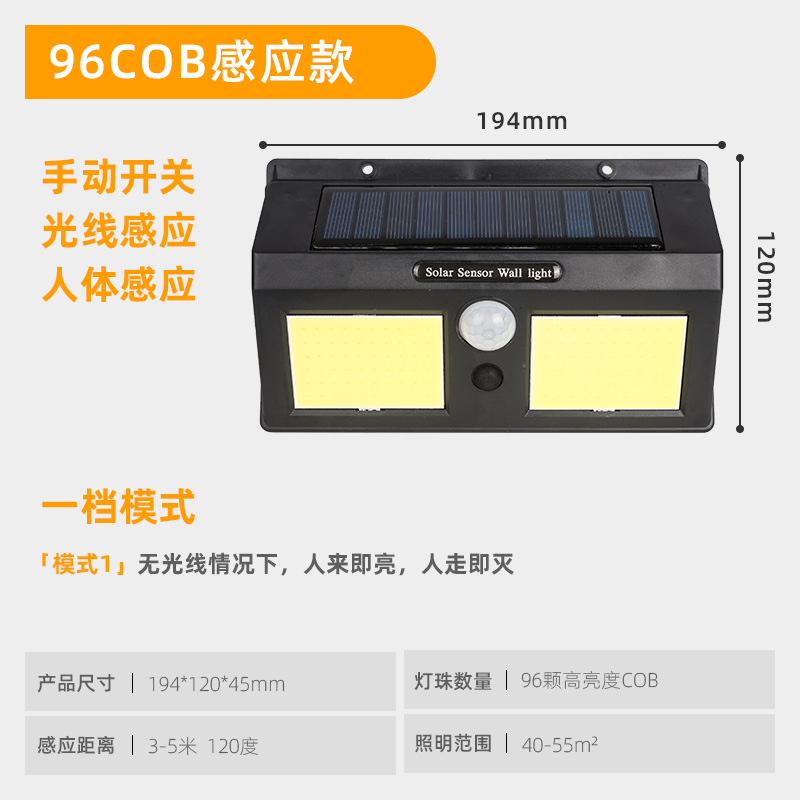 Cross-border LED solar wall lamps, human body sensor wall lamps, outdoor garden courtyard scenic area solar wall lamps, cob LED details Picture