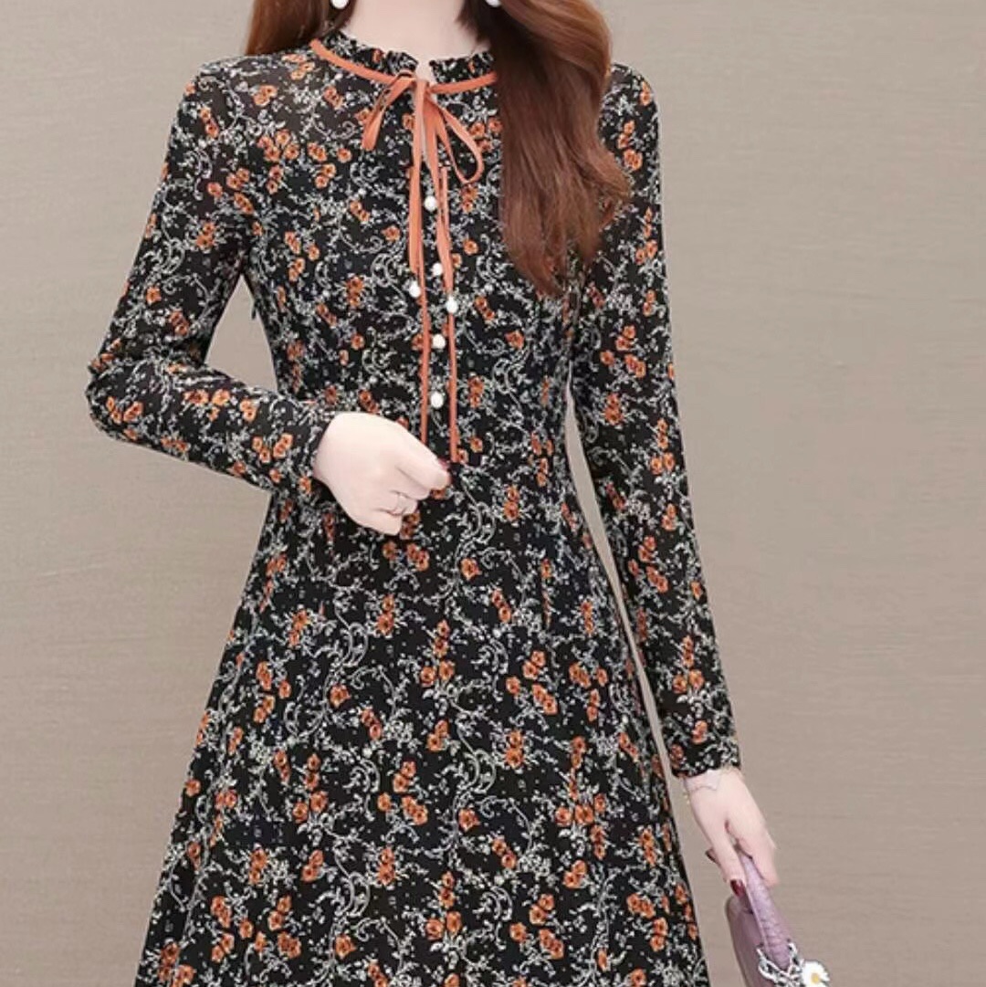 Fashion trend casual slim shape unique flower yellow swing dress