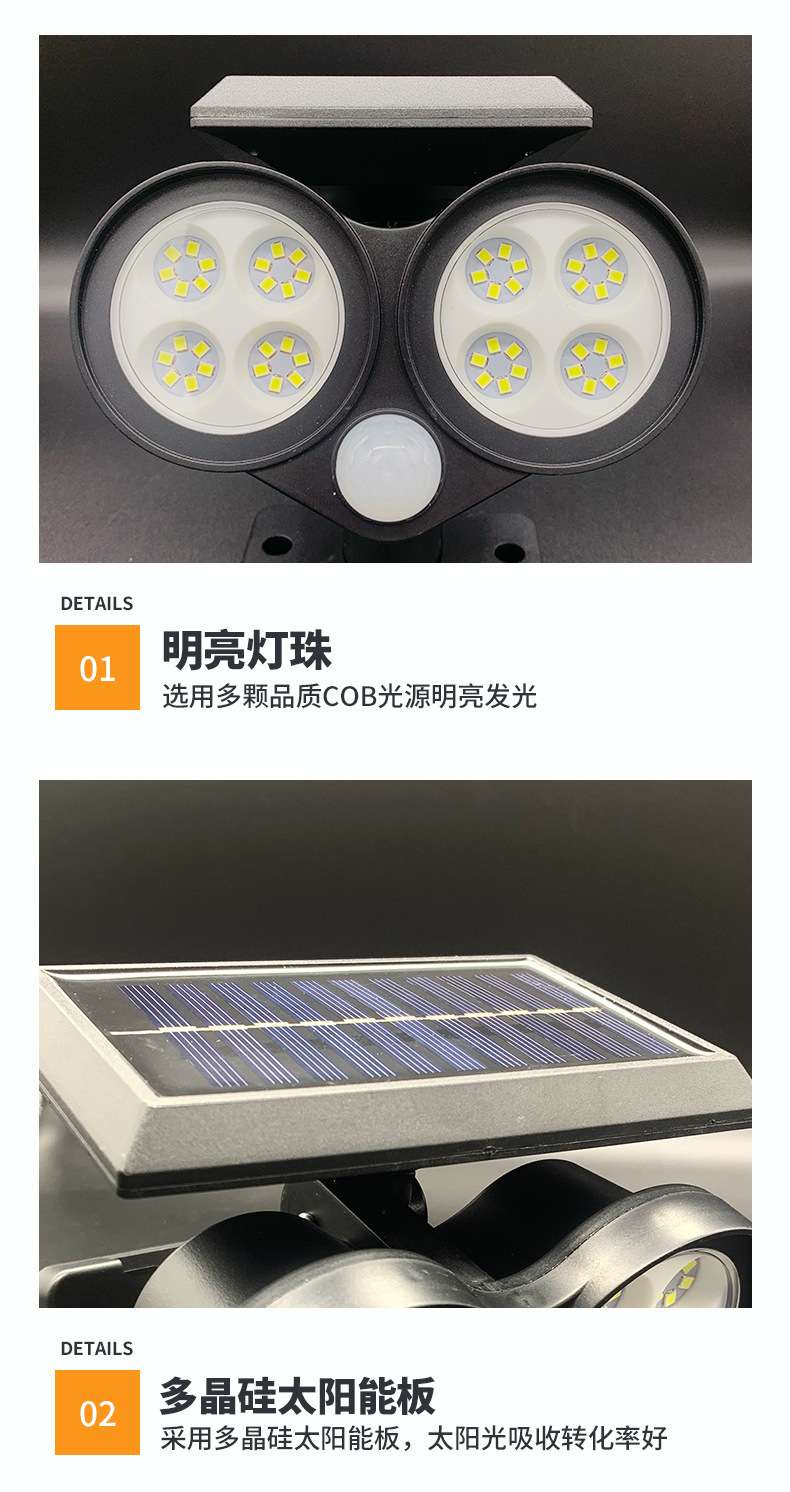 新款跨境太阳能壁挂地插两用灯  双头户外草坪灯 led庭院照明灯详情图2