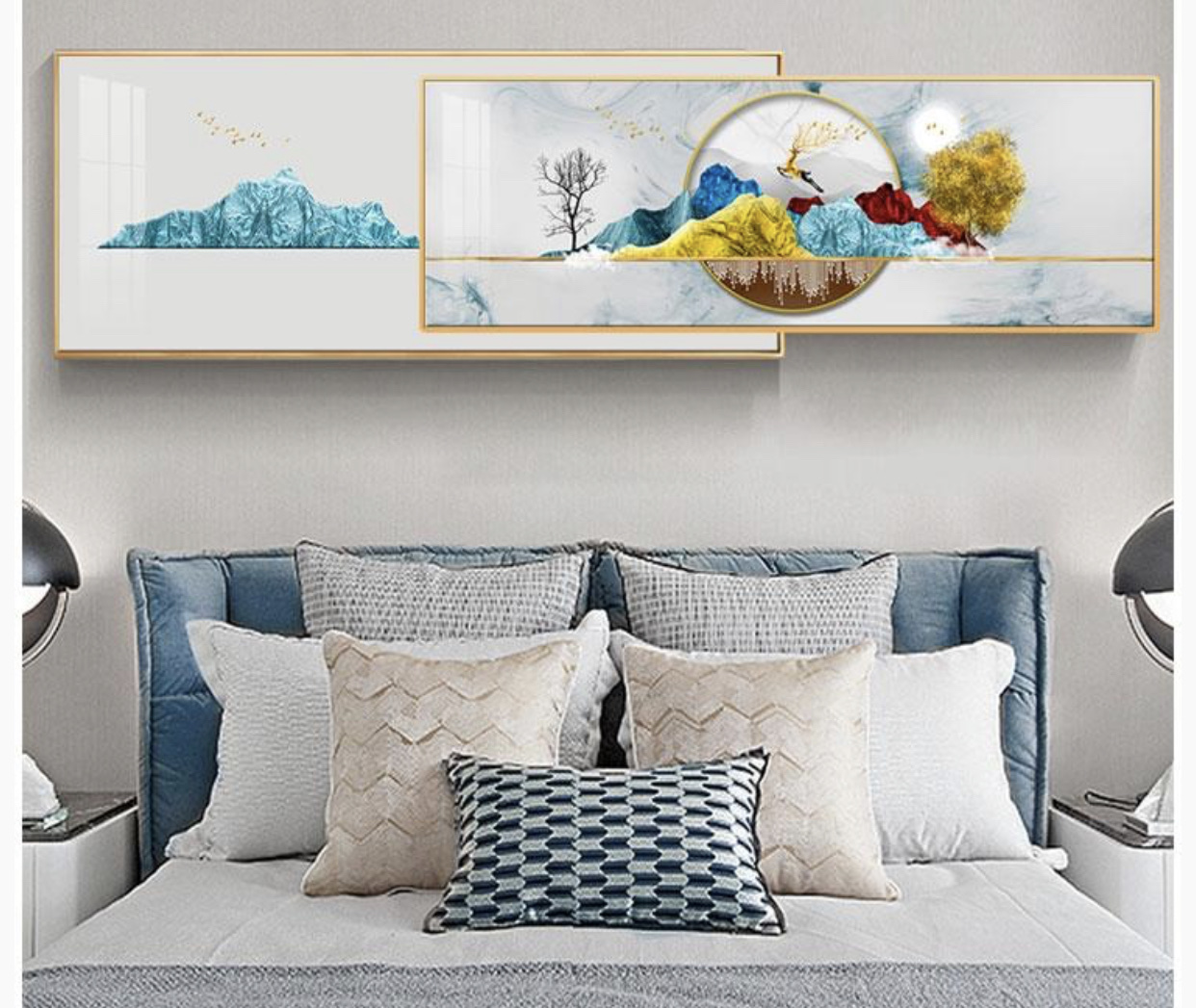 A series of landscape paintings within paintings on crystal porcelain bedside tables details Picture