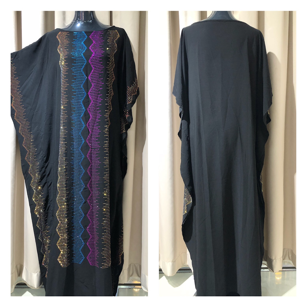 中东迪拜黑色长袍 Abaya黑色长袍 单面烫钻 多色钻 优雅气质款