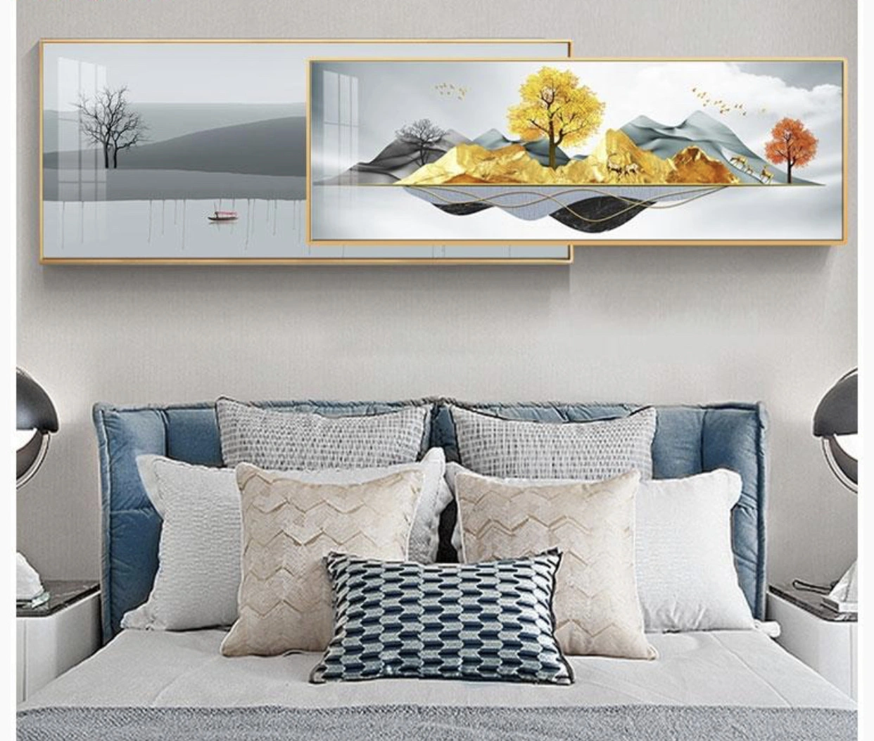 A series of landscape paintings within paintings on crystal porcelain bedside tables detail image 1