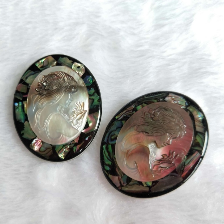 European And American Retro Personality Natural Abalone Shell Brooch Black Butterfly Shell Carved Beautiful Head Shell Brooch Specification drawing